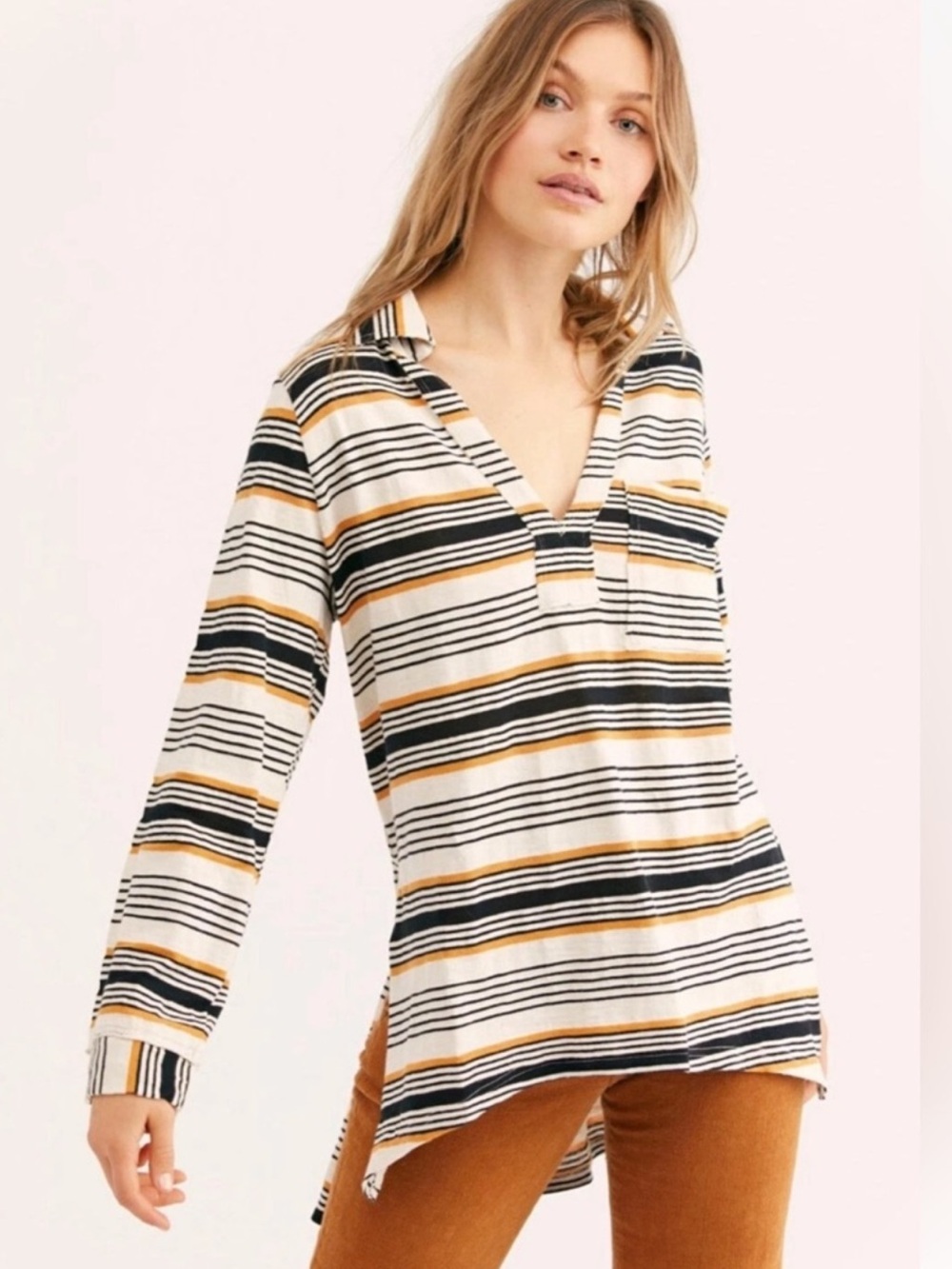 Free People Beach Breaker Tunic Stripe Ivory Black XS